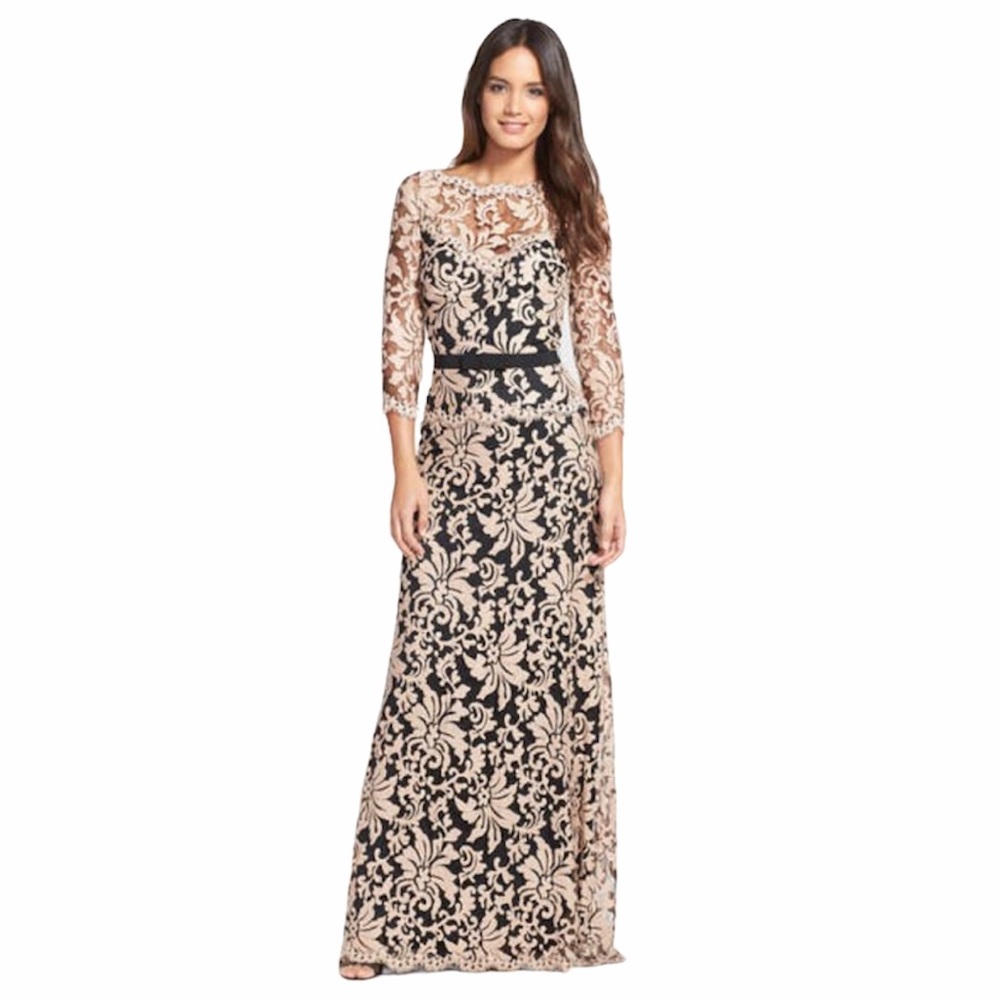 Tadashi Shoji Belted Embroidered Lace Gown
